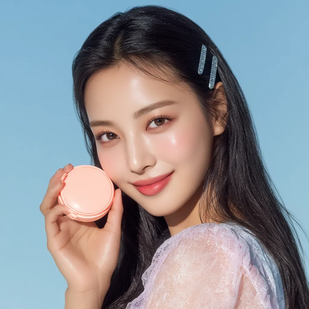 A young woman with long, dark hair styled with sparkly barrettes holds a peach-colored compact.  She's wearing a light purple, lacy top and has flawless, glowing makeup. Her expression is friendly and approachable, showcasing a radiant complexion. The background is a soft blue.  The overall image is bright, clean, and suggests beauty and skincare.