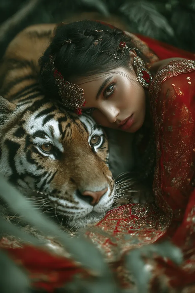 A young woman, adorned in a vibrant red and gold Indian bridal outfit, rests her head gently against a majestic tiger.  Her elaborate jewelry complements the rich textures of her clothing and the tiger's fur. The scene is set amidst lush, dark foliage, creating a dramatic and intimate mood.  The image suggests a connection between the woman and the wild creature.