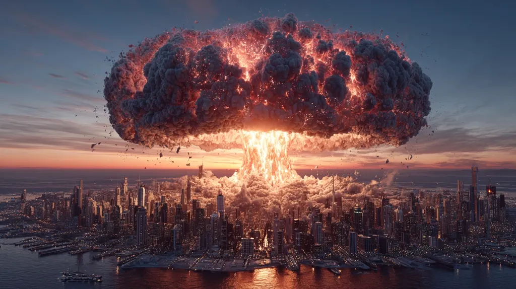 A massive nuclear explosion engulfs a sprawling cityscape at sunset.  The mushroom cloud billows ominously, casting an orange and red glow across the city below.  Debris rains down from the sky as the intense heat and blast wave devastate the urban landscape.  The scene depicts the catastrophic aftermath of a nuclear attack.
