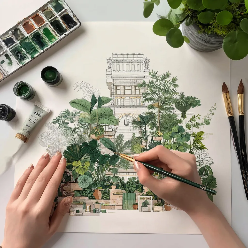 A person's hands delicately paint a detailed watercolor illustration of a lush, indoor botanical garden.  The artwork features a grand building as a backdrop, surrounded by various shades of green foliage.  Paints, brushes, and a watercolor palette are arranged around the illustration, adding to the artistic ambiance. The scene is calming and meticulously rendered.