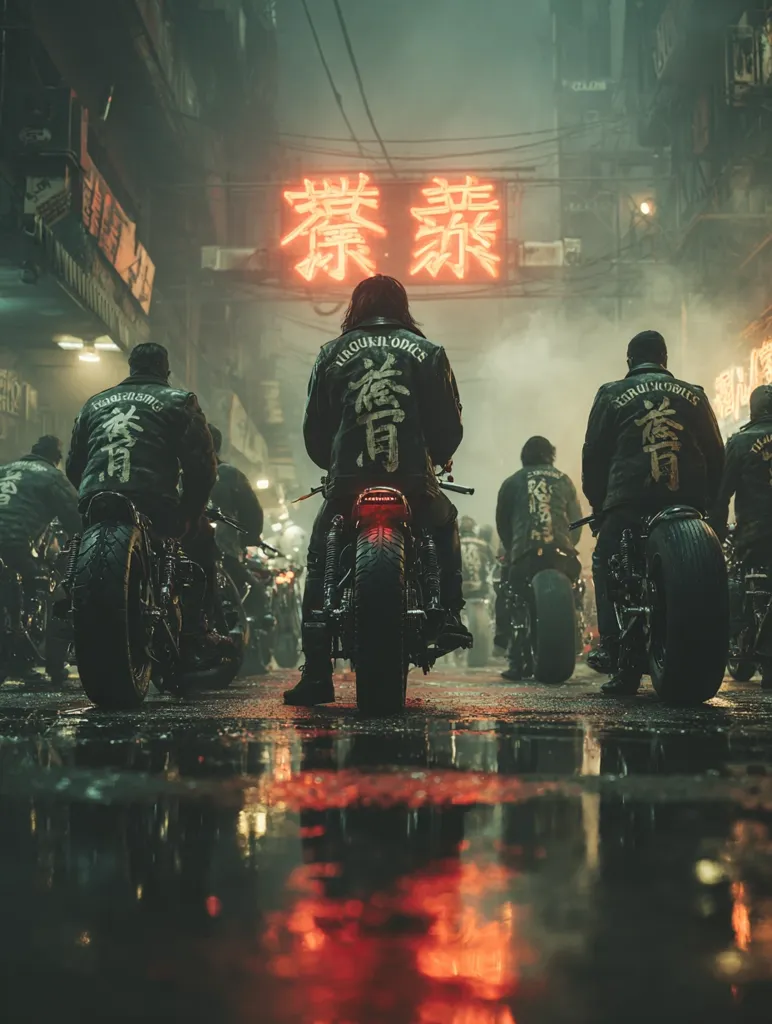 A group of motorcyclists, clad in black leather jackets with Japanese kanji characters, ride through a rain-slicked, neon-lit Asian city street.  The scene is atmospheric and moody, with fog and rain enhancing the cyberpunk aesthetic.  The motorcycles are classic bobber style, and the riders' backs are to the camera, creating a sense of mystery and movement.  A red neon sign glows in the background.