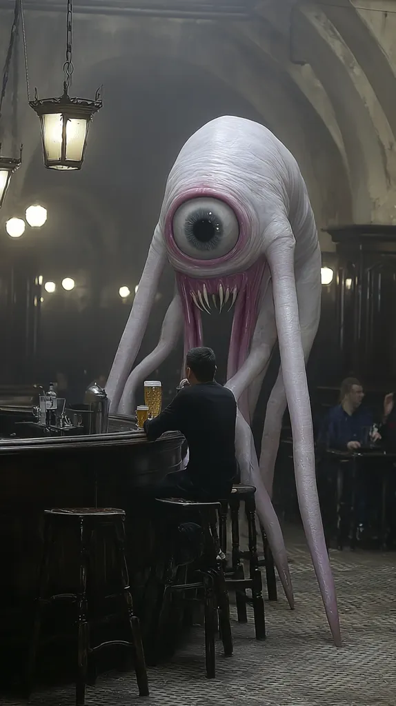 A pale, single-eyed creature with long, slender limbs stands in a dimly lit pub.  A man sits at the bar, seemingly unfazed by the creature's presence, enjoying a drink.  The pub is old and atmospheric, with dark wood and hanging lanterns.  The scene is surreal, blending the mundane with the fantastical.
