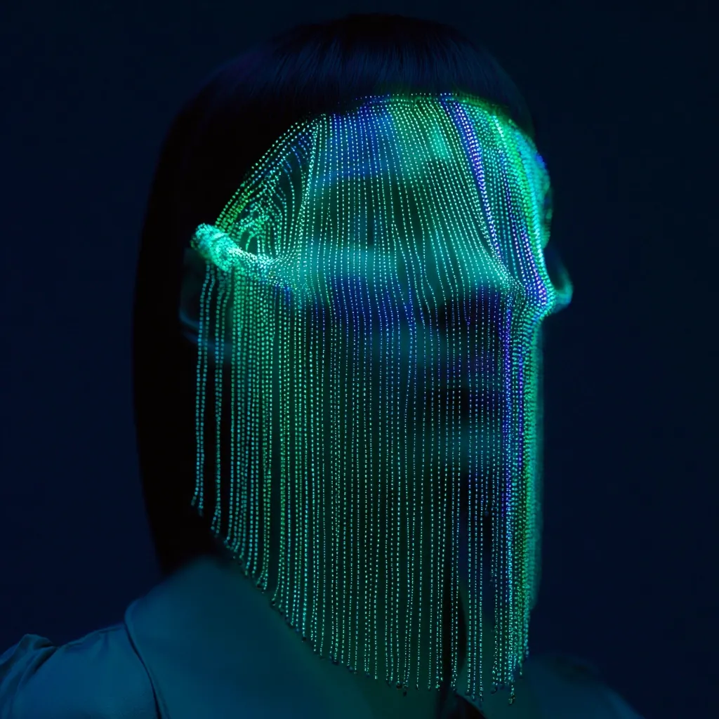 A woman's face is partially obscured by a luminous, teal-green mask.  The mask is composed of numerous strands of tiny lights, creating a cascading effect. The dark background emphasizes the vibrant glow of the mask, giving a futuristic or otherworldly feel. The image evokes a sense of mystery and technological artistry.