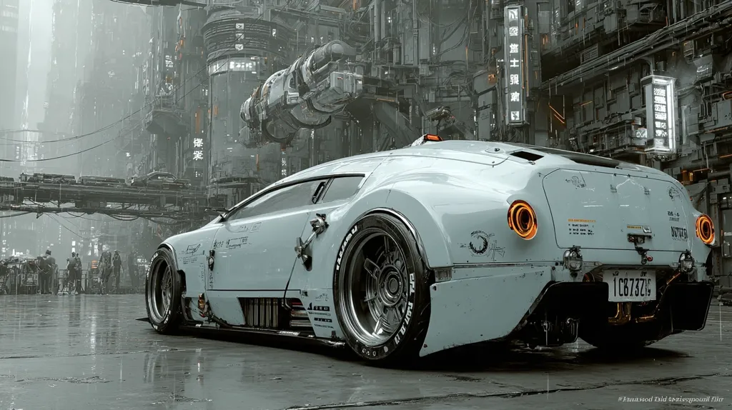 A futuristic light-grey sports car is parked in a rain-slicked alleyway of a densely packed, cyberpunk-style city.  The car has unique detailing, large wheels, and orange rear lights.  In the background, towering buildings and intricate infrastructure are visible, creating a dystopian yet captivating atmosphere.  A large, mechanical device hangs overhead, adding to the scene's technological complexity.