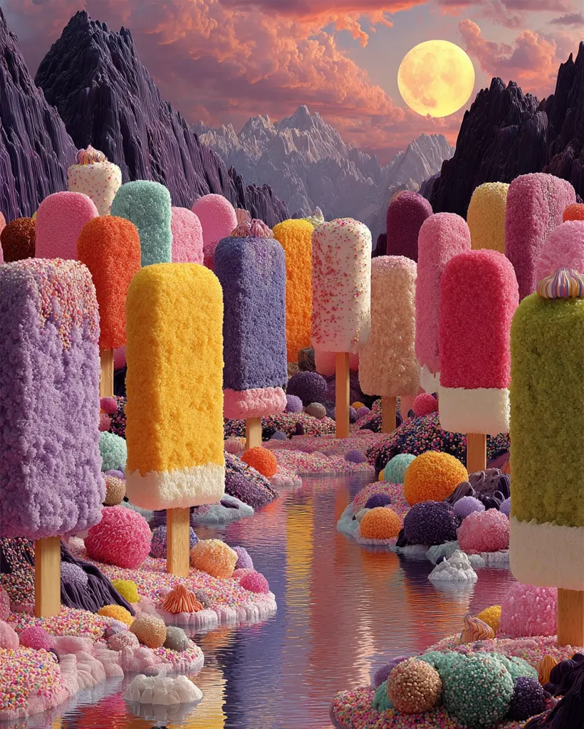 A whimsical landscape features a stream winding through a terrain of colorful, textured candies and sprinkles.  Rows of vibrant, sprinkle-covered popsicles stand like trees, their wooden sticks rooted in the sweet ground.  A large, full moon hangs in the dusky sky above a range of stylized, purple mountains. The scene is surreal and playful, blending elements of nature and confectionery.