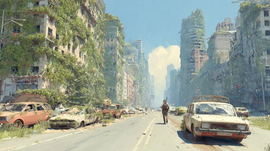 A lone figure walks down a deserted city street overgrown with vegetation.  Abandoned cars litter the sides of the road, partially reclaimed by nature.  Tall buildings, crumbling and covered in vines, line the avenue, creating a post-apocalyptic atmosphere under a hazy sky.  The scene evokes a sense of desolation and quiet decay.