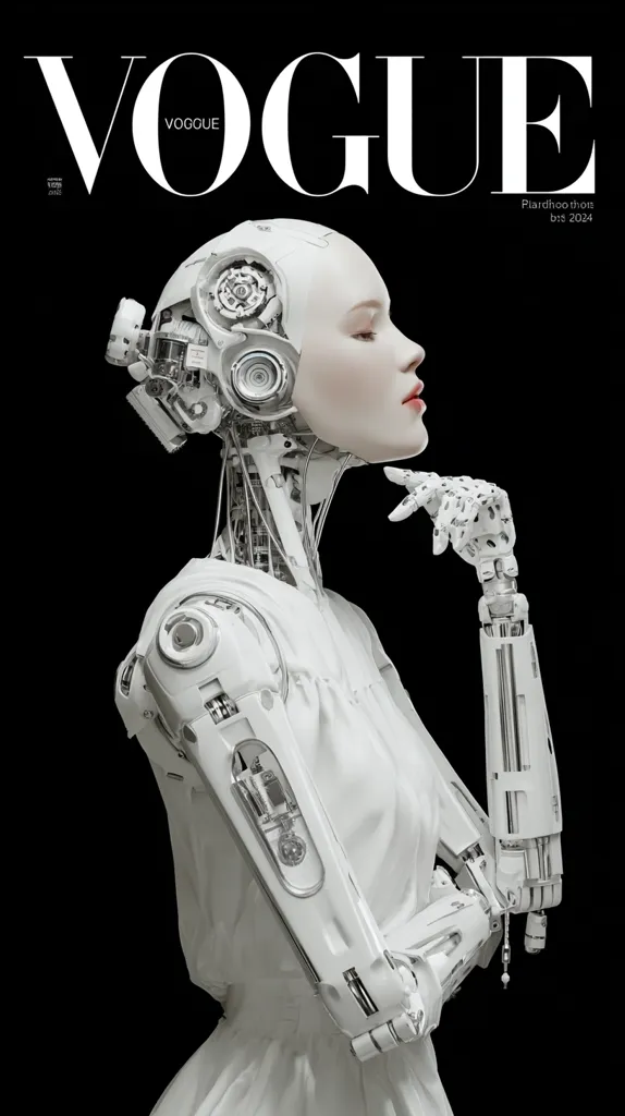 A Vogue magazine cover features a striking image of a female android.  The robot, rendered in stark white against a black background, is elegantly posed, hand to chin in a thoughtful gesture.  Its visible mechanical components are intricately detailed, contrasting with its soft, human-like features. The Vogue logo is prominently displayed, along with small text indicating the issue and year. The overall aesthetic is futuristic and high-fashion.