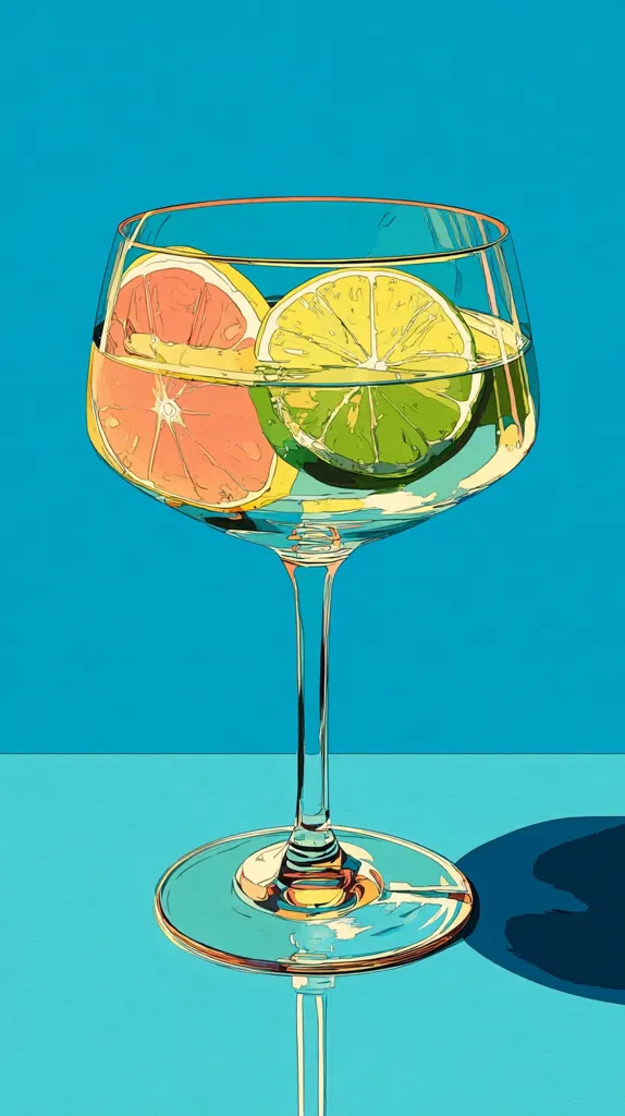 A stemmed glass sits on a teal surface, filled with a refreshing beverage. Slices of grapefruit, lemon, and lime float within the liquid, their vibrant colors contrasting against the clear glass and backdrop. The image's style is reminiscent of pop art, with bold lines and saturated hues creating a visually striking composition. The glass casts a shadow, adding depth to the scene.