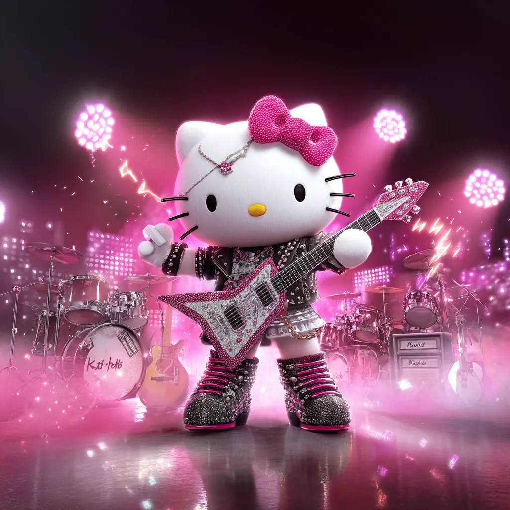 Hello Kitty, decked out in a studded pink jacket and boots, rocks a sparkly electric guitar on stage.  Pink spotlights illuminate the scene as she performs in front of a drum kit and other instruments.  A lightning bolt effect adds to the energetic rock and roll atmosphere.  The overall aesthetic is vibrant and playful, showcasing a glamorous, rockstar Hello Kitty.