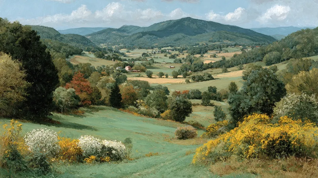 A picturesque landscape unfolds, showcasing rolling green hills dotted with lush trees and vibrant wildflowers.  A tranquil valley stretches into the distance, framed by softly rounded mountains under a partly cloudy sky.  Scattered farmhouses and fields add to the idyllic rural scene, creating a sense of peaceful countryside serenity. The painting's style is realistic, capturing the details of the natural environment.