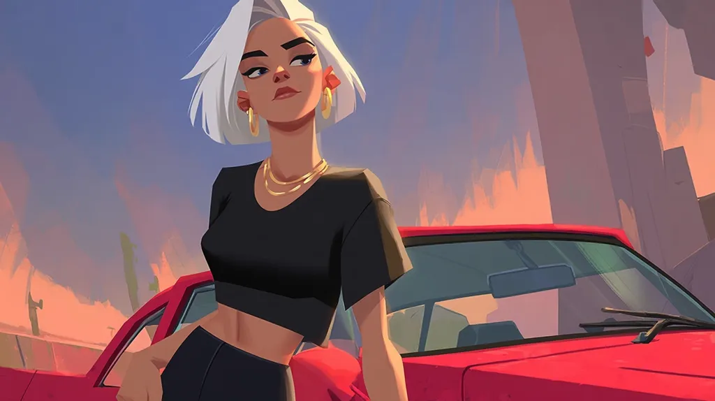 A stylized illustration depicts a young woman with short, white hair and gold jewelry. She's wearing a black cropped t-shirt and dark pants, standing confidently beside a vibrant red sports car. The backdrop suggests a desert landscape under a warm, sunset sky. The overall style is clean and modern, with a focus on bold colors and sharp lines. The woman's expression is subtly defiant, creating an intriguing mood.