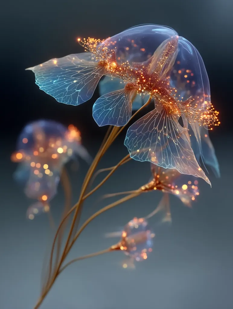 A digital artwork depicts ethereal, bioluminescent flowers.  Translucent, bell-shaped blooms with delicate, wing-like petals radiate a soft, warm glow.  Golden particles sparkle within the clear bodies, creating a magical, otherworldly effect. The slender, brown stems elegantly support the otherworldly blossoms against a muted grey-blue background. The image evokes a sense of fantasy and wonder.