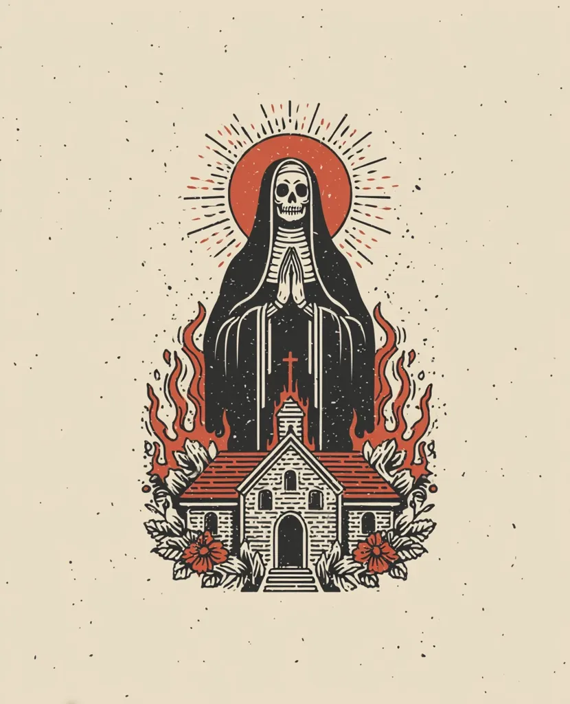 A vintage-style illustration depicts a skeletal nun in prayer, enveloped in flames.  She stands before a small church, also engulfed in fire.  The image is rendered in a retro color palette with black, red, and orange tones against a cream background, creating a visually striking contrast between the sacred and the macabre. The style evokes a sense of dark religious imagery and possibly alludes to themes of faith, mortality, or rebellion.
