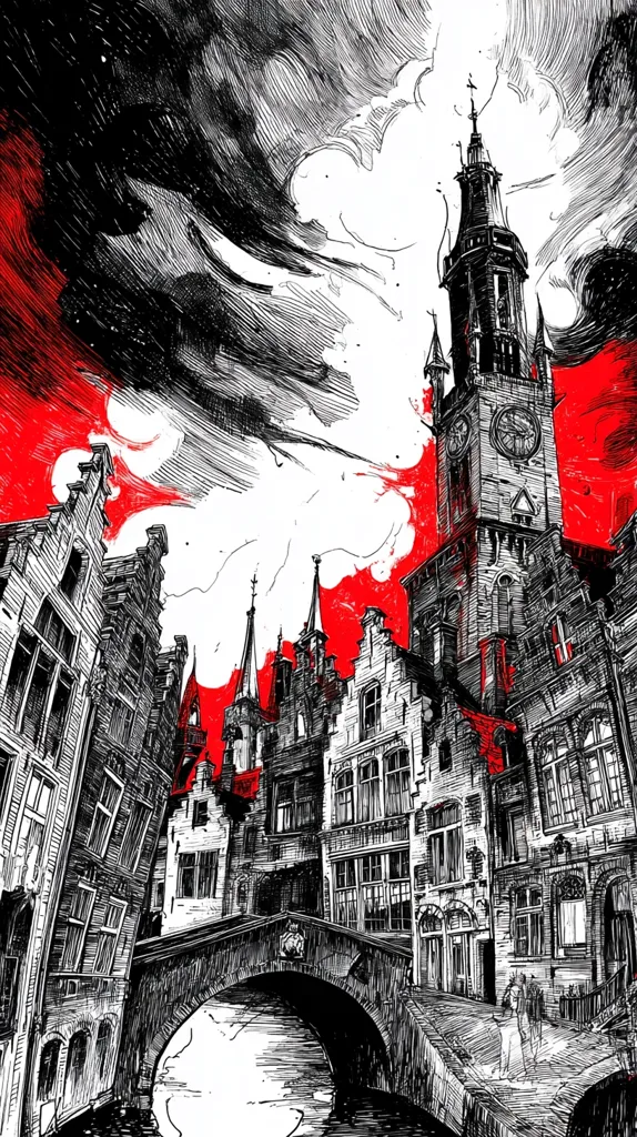 A dramatic black and white ink drawing depicts a medieval European cityscape, possibly Bruges, under a fiery red sky.  Tall, narrow buildings line a canal spanned by a stone bridge. A prominent clock tower dominates the scene, its architecture detailed with intricate lines. The style is expressive, with heavy use of shading and texture, creating a mood of mystery and perhaps impending storm.  Figures are faintly visible near the bridge.