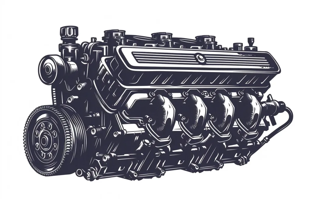 A detailed monochrome illustration showcases a powerful V8 engine, rendered in a vintage style.  The intricate design highlights the engine's complex mechanics, including the intake manifold, cylinder heads, and crankshaft.  The style evokes a classic hot rod or muscle car aesthetic, emphasizing the engine's raw power and mechanical beauty.  Bold lines and shading create a striking visual impact.