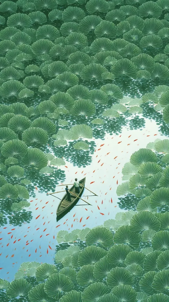 A serene illustration depicts two figures in a small boat navigating a tranquil waterway.  The water is densely covered with large, round, green lily pads, creating a lush, verdant landscape.  Small orange fish swim in a trail behind the boat, adding a touch of vibrant color to the peaceful scene. The overall atmosphere is calm and evocative of a tranquil natural setting.