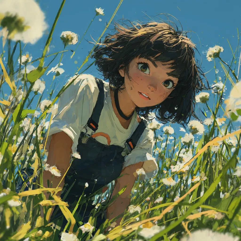 A young girl with short brown hair and bright eyes looks directly at the viewer from a low angle. She's wearing a white t-shirt and dark blue overalls, crouching in a field of tall grass and white flowers under a bright blue sky. The style is painterly and anime-influenced, with a focus on soft light and color.  Her expression is curious and friendly. The overall impression is one of youthful joy and exploration.