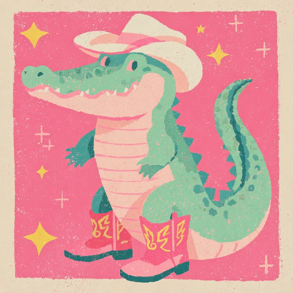 A charming illustration features a friendly alligator donned in a white cowboy hat and pink cowboy boots.  The alligator is depicted in a cheerful pose against a vibrant pink background speckled with stars and plus signs, creating a playful, retro aesthetic. The textured style adds to the image's whimsical charm.