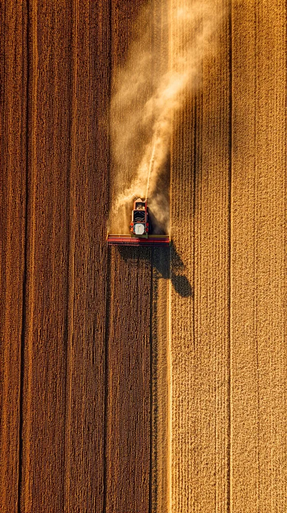 An aerial view captures a combine harvester working a field of ripe wheat.  The machine moves through the golden rows, leaving a trail of dust in its wake.  The contrast between the harvested and unharvested sections is clearly visible, showcasing the agricultural process in progress. The image emphasizes the scale and efficiency of modern farming.