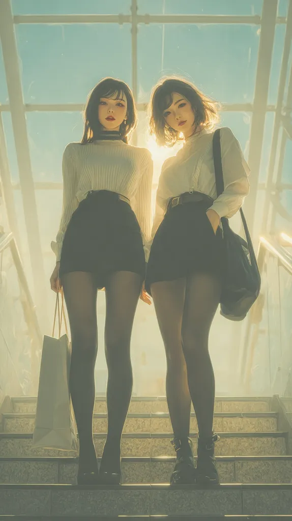 Two anime-styled women, dressed identically in white sweaters, black mini-skirts, and black tights, ascend a staircase.  They carry shopping bags and shoulder bags, backlit by a sunlit glass ceiling. Their dark hair is styled similarly, and they share a striking resemblance, creating a twin-like aesthetic. The overall image is soft-toned and evokes a serene, fashionable atmosphere.