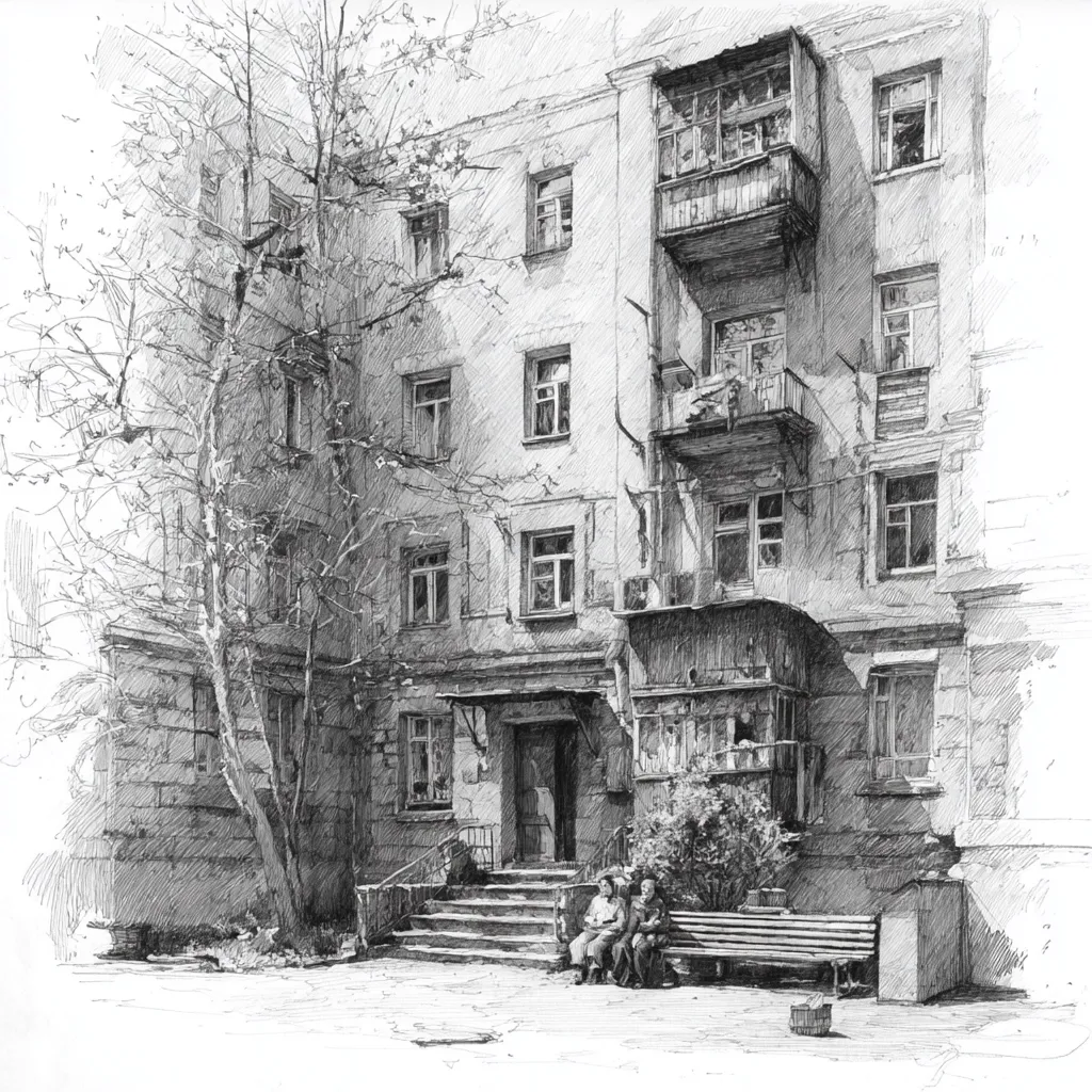 A detailed pencil sketch depicts a multi-story apartment building, possibly in Eastern Europe, with aged stonework and weathered balconies.  A large tree stands in the courtyard, partially shading a stone staircase leading to the building's entrance. Two figures sit on a bench beneath the tree, engaged in quiet conversation. The artist's meticulous shading creates a strong sense of depth and texture in the scene.