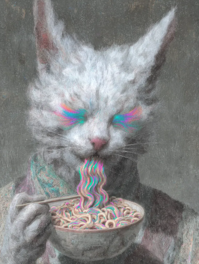 A stylized painting depicts a white cat with iridescent eyes, dressed in an ornate garment, enthusiastically slurping vibrant, multicolored noodles from a bowl. The cat's expression is one of contented enjoyment, its fur rendered with a textured, almost painterly effect.  The overall style blends realism with fantasy, creating a whimsical and slightly surreal image.