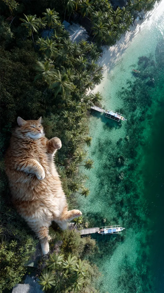 An enormous ginger cat rests on a tropical island, overlooking a pristine beach and turquoise ocean.  Two small boats are docked on the clear water. Lush palm trees surround the sandy shore, creating a vibrant, idyllic scene. The perspective is an aerial shot, emphasizing the cat's immense size compared to its surroundings.