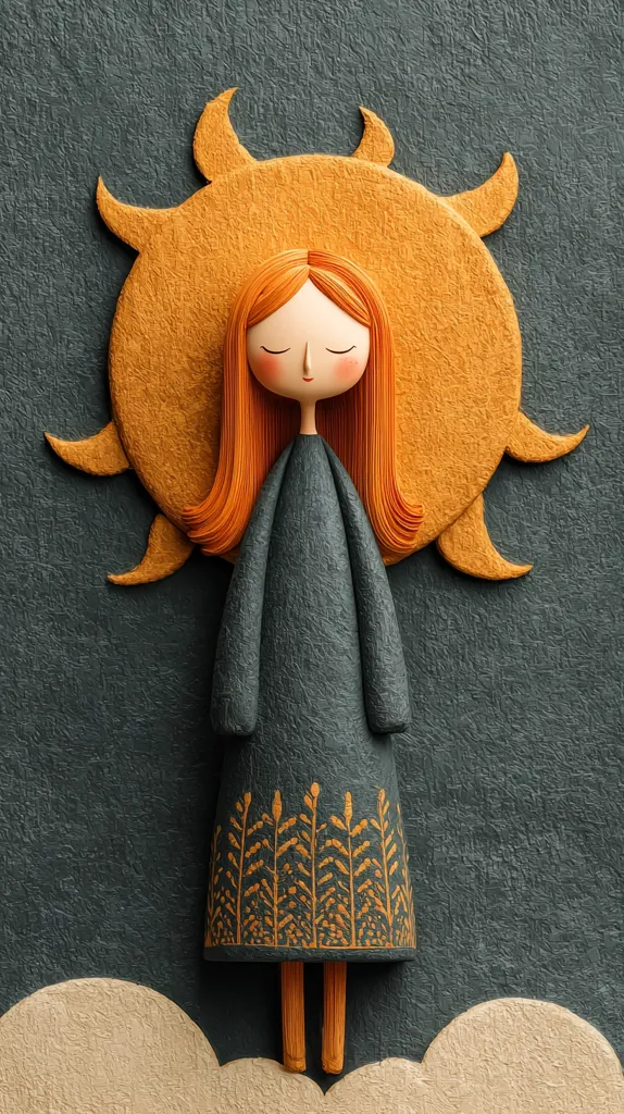 A charming illustration showcases a stylized girl figurine, her long orange hair cascading down.  She wears a dark gray dress adorned with a golden floral pattern at the hem, standing serenely beneath a textured, golden sun. The artwork employs a textured, possibly paper-based, medium, creating a whimsical, almost three-dimensional effect against a dark gray background.  The scene is completed with soft, cloud-like forms at the base.
