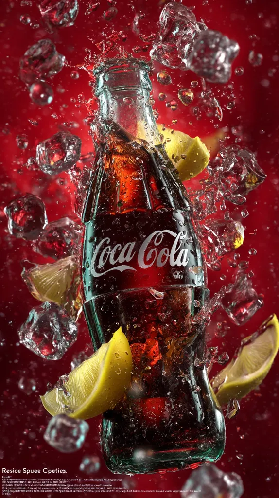 A Coca-Cola bottle explodes with splashes of liquid, ice cubes, and lime wedges against a vibrant red backdrop. The bottle is partially submerged in the effervescent liquid, showcasing the brand's logo prominently. The dynamic action captures the refreshing essence of the beverage, enhanced by the bright citrus accents.  The image is a high-energy visual representation of Coca-Cola's invigorating qualities.