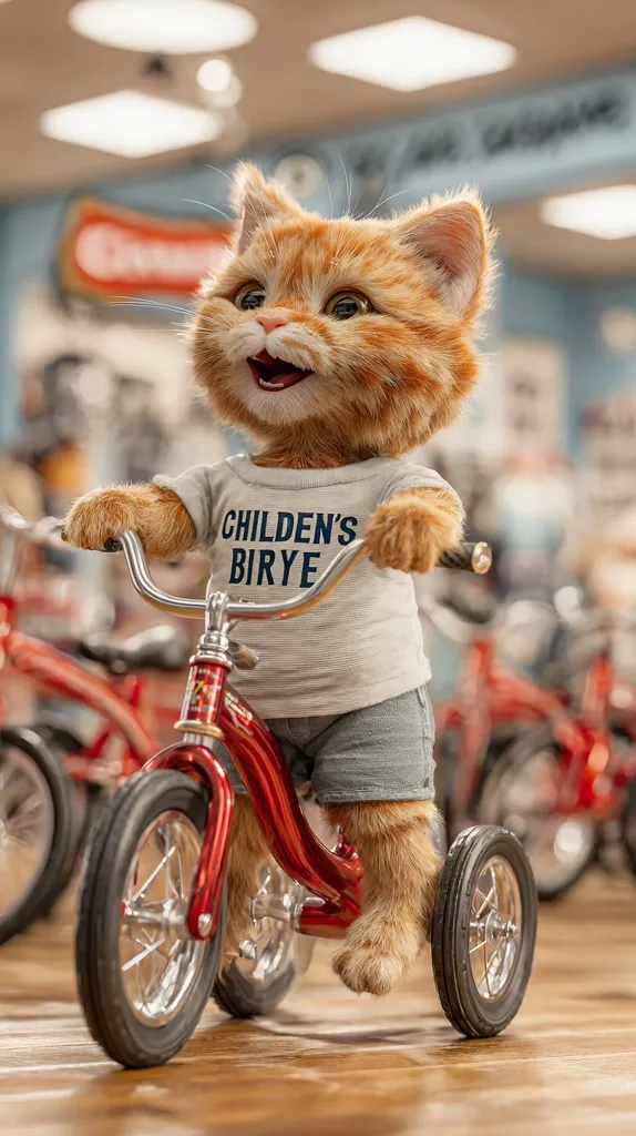 An adorable ginger kitten, wearing a shirt that says "Children's Birye," sits on a red tricycle.  The kitten has a cheerful expression and is holding onto the handlebars.  The background is slightly blurred, showing a children's toy store with other tricycles visible. The scene is bright and playful.