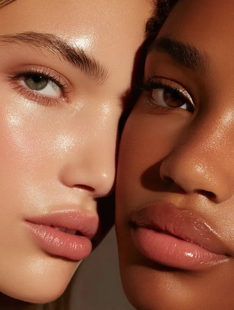 Close-up shot of two women's faces, one with fair skin and the other with darker skin, their faces touching. Both have subtly glowing, healthy skin, and their eyes and lips are accentuated with a natural-looking makeup. The image highlights the beauty of diverse skin tones and the radiant quality of well-cared-for skin.  The focus is on their skin's texture and luminosity.