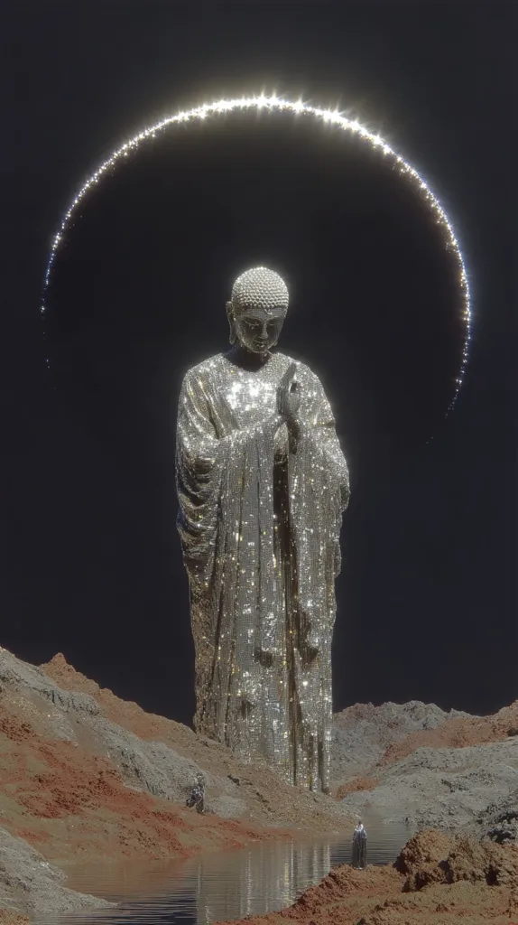 A shimmering, diamond-encrusted Buddha statue stands majestically in a desolate, rocky landscape.  A luminous arc of light crowns the statue, adding to its ethereal quality.  Small figures appear in the foreground, dwarfed by the immense Buddha, emphasizing its scale and otherworldly presence. The scene is rendered in a surreal, almost dreamlike style.