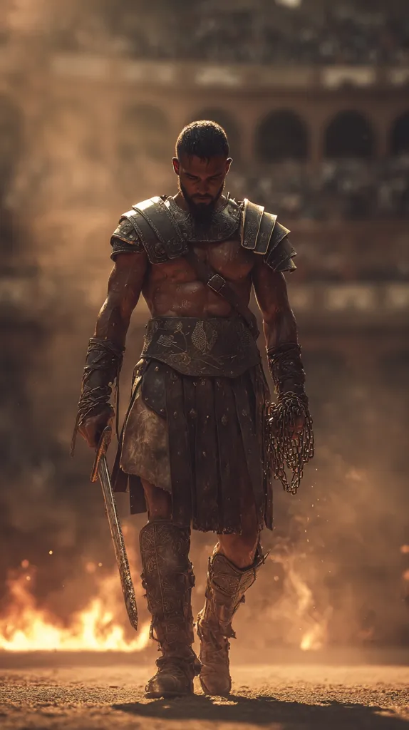 A muscular gladiator, clad in weathered leather armor and a short kilt, walks towards the viewer.  His gaze is downcast, a sword held loosely in one hand, chains dangling from the other.  He stands in a dusty arena, the glow of a fire visible in the background, hinting at recent combat or a looming spectacle.  The scene evokes a powerful sense of history and the weight of battle.
