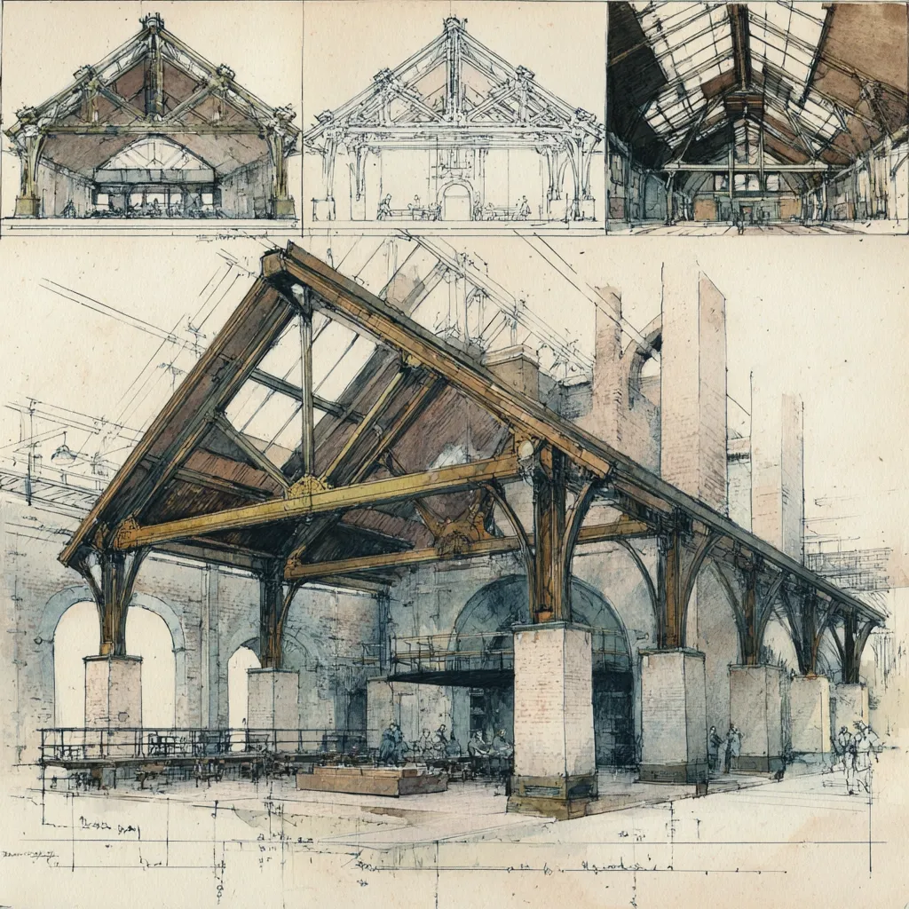 This architectural rendering showcases a detailed design for a large, industrial-style interior space.  The focal point is a dramatic, gabled roof structure supported by substantial timber beams and brick pillars.  Smaller sketches above illustrate different perspectives of the roof's framework, emphasizing its intricate design. The overall style is a blend of architectural plans and a watercolor-like rendering, adding texture and depth to the structure.