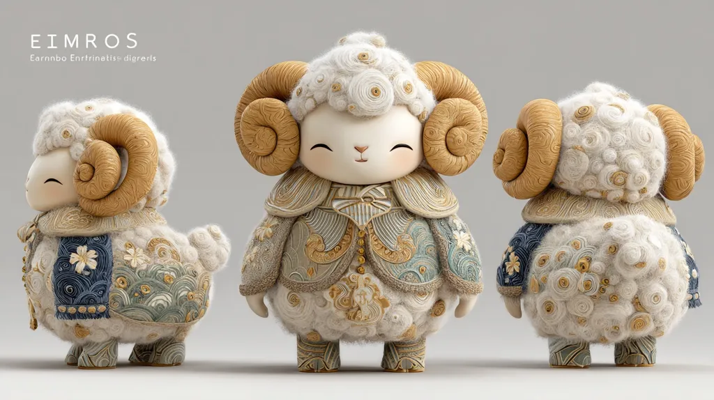 A three-quarter view showcases a charming 3D-rendered ram figurine, meticulously detailed with swirling patterns and textured wool.  The ram is adorned in an intricately designed coat, exhibiting a blend of soft and ornate textures.  Presented from three angles, the figurine's design emphasizes its fluffy body and elegantly curved horns. The overall aesthetic is delicate and whimsical.