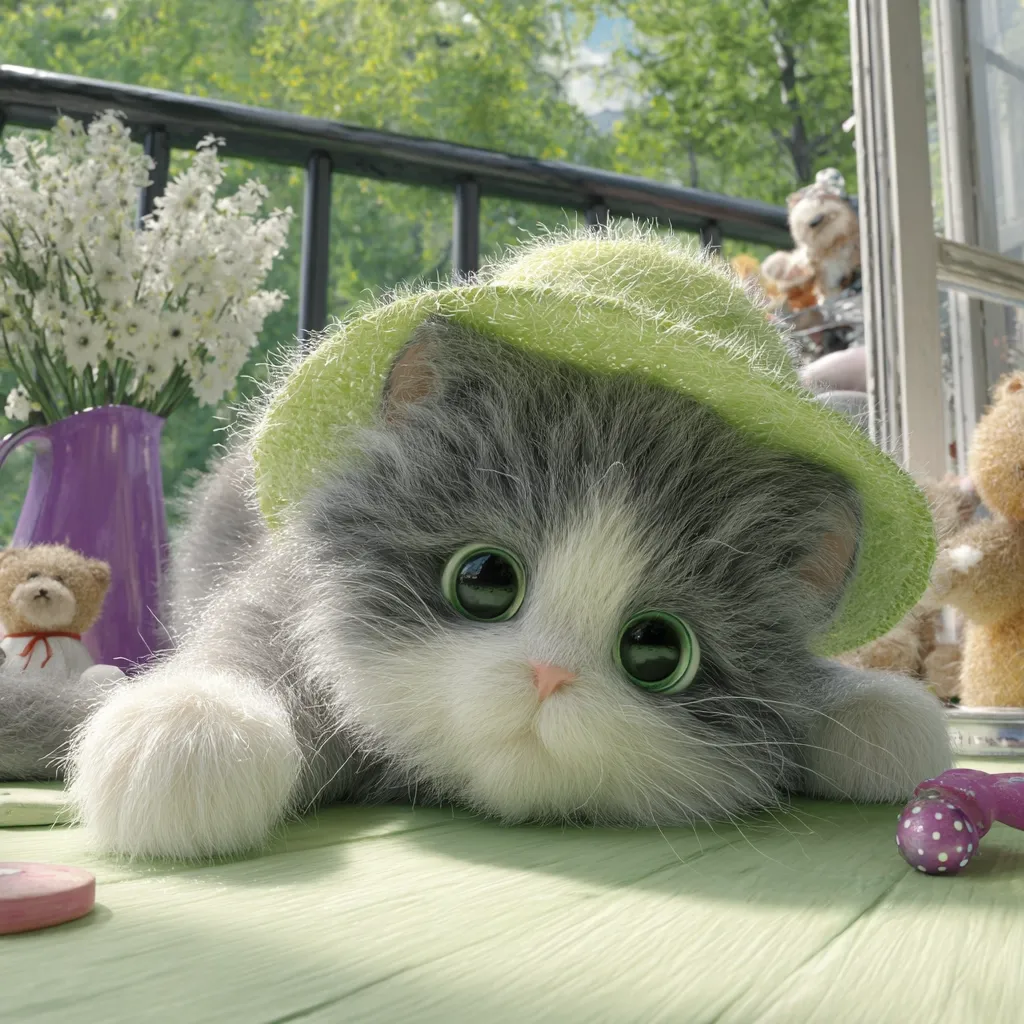 A fluffy gray and white kitten with large, expressive green eyes rests on a light green table.  It wears a light green sunhat.  The background features a balcony with flowers in a purple vase and blurry teddy bears, suggesting a charming, peaceful setting.  Sunlight illuminates the scene. The kitten's soft fur and innocent gaze create a heartwarming image.