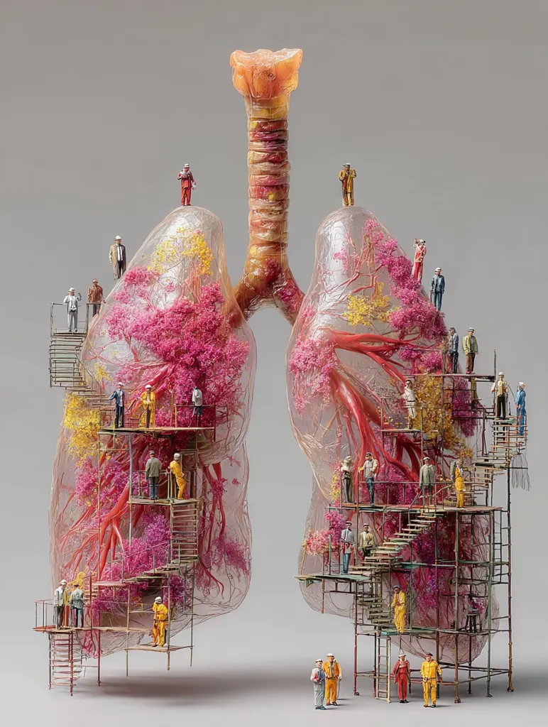 A detailed artistic rendering depicts a transparent model of human lungs, intricately detailed with internal structures and tiny figures.  These miniature people are positioned on scaffolding throughout the lungs, suggesting a concept of repair, maintenance, or perhaps the body's internal processes.  Pink and yellow floral elements add a touch of surrealism to the medically accurate representation. The overall effect is both scientifically engaging and visually striking.