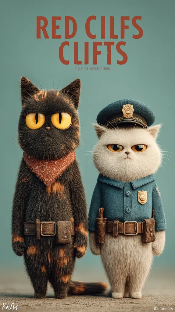 A digital illustration titled “Red Cliffs Cliffs” features two anthropomorphic cats.  The cat on the left is a tortoiseshell wearing a bandana and a utility belt. The cat on the right is a light-colored cat in a police uniform, complete with a hat and belt with pouches.  The background is a muted teal.  The image has a whimsical and slightly melancholic tone.