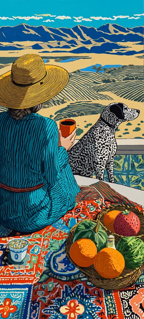 A woman in a teal dress and straw hat sits on a colorful rug, enjoying a cup of coffee.  A dalmatian rests beside her.  A basket of fruit sits nearby. The backdrop is a vibrant landscape of rolling hills and distant mountains under a clear blue sky. The scene is rendered in a bold, graphic style with vivid colors.