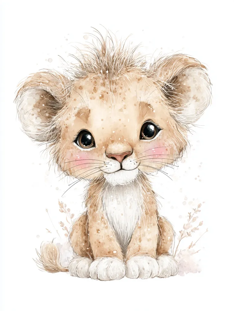 An adorable watercolor illustration of a lion cub.  The cub is light brown with fluffy fur, large expressive eyes, and rosy cheeks. It sits on a white background with subtle hints of blush pink and tan grasses. The style is cute and whimsical, perfect for children's books or nursery decor.  The lion cub has a sweet and innocent expression.