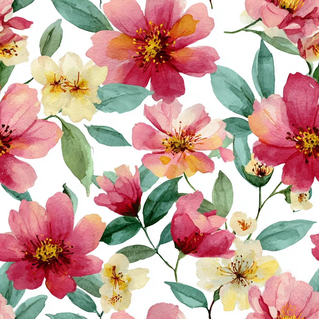A watercolor floral seamless pattern showcases a delightful array of pink and peach blossoms.  The flowers, rendered with soft, delicate brushstrokes, are interspersed with smaller, pale yellow blooms and lush green leaves. The design creates a romantic and feminine aesthetic, ideal for fabric, wallpaper, or other decorative applications.  The white background enhances the vibrant colors of the flowers.