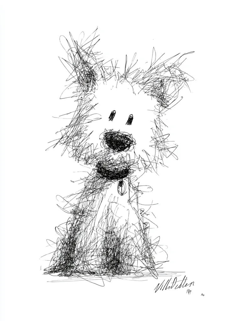 A whimsical ink drawing of a dog, rendered in a chaotic yet charming style.  The artist uses a multitude of short, scribbled lines to depict the dog's fluffy fur and expressive features. The dog is depicted sitting, wearing a collar, with a simple yet endearing face. The overall effect is playful and slightly abstract.
