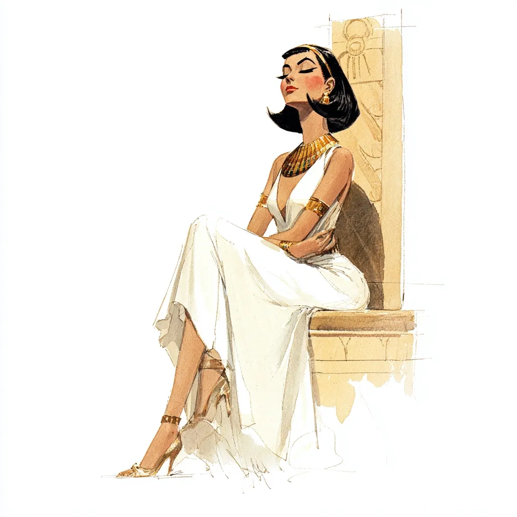 A watercolor illustration depicts a serene woman, reminiscent of an Egyptian queen, seated on a throne.  She wears a flowing white gown, gold jewelry including a substantial necklace and bracelets, and elegant gold heels. Her eyes are closed, suggesting tranquility or contemplation. The artwork is rendered with soft lines and subtle shading, creating a graceful and elegant image.