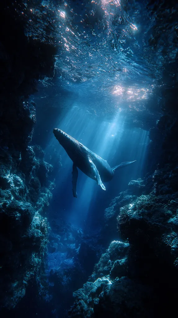 A humpback whale gracefully glides through a submerged cavern, sunlight piercing the water above.  The whale's silhouette is dramatically highlighted against the deep blue, while coral formations and rock walls create a mystical underwater landscape. Beams of light illuminate the whale and the surrounding environment, creating an ethereal and awe-inspiring scene.