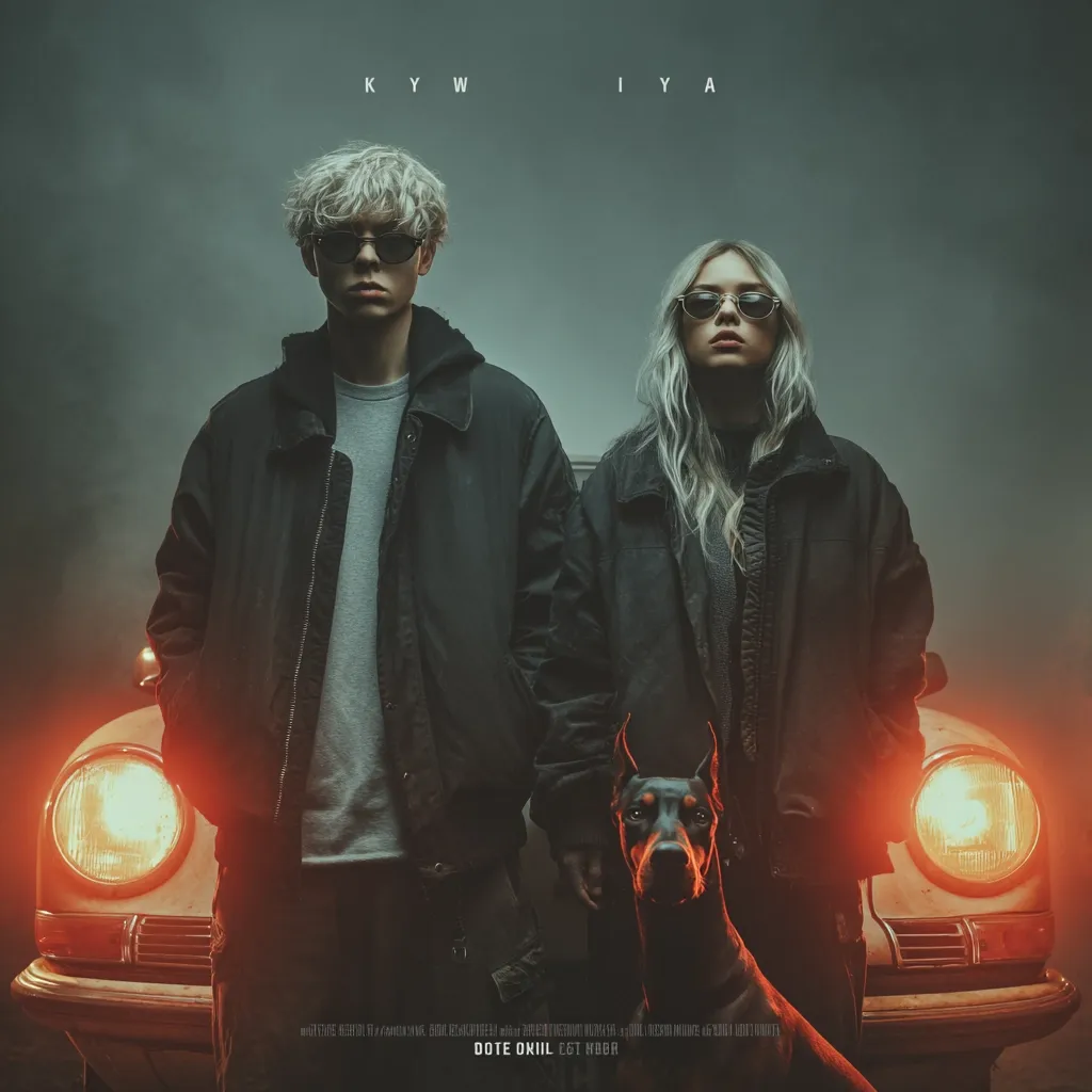 A stylized promotional image features a young man and woman, both wearing dark jackets and sunglasses, standing on either side of a vintage car with its headlights illuminated.  A Doberman Pinscher sits between them. The names KYW and IYA are displayed at the top, suggesting a musical duo or project.  The overall mood is dark and atmospheric.