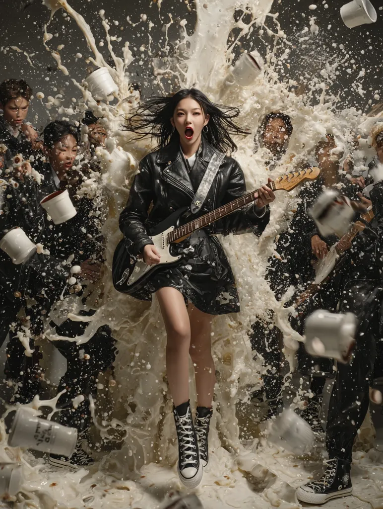 A young woman with long black hair powerfully plays an electric guitar amidst a chaotic scene of splashing milk and coffee mugs.  She's dressed in a black leather jacket and short dress, high top black converse shoes, and surrounded by a band also covered in the milky foam. The image is dynamic and energetic, suggesting a rebellious and youthful spirit.