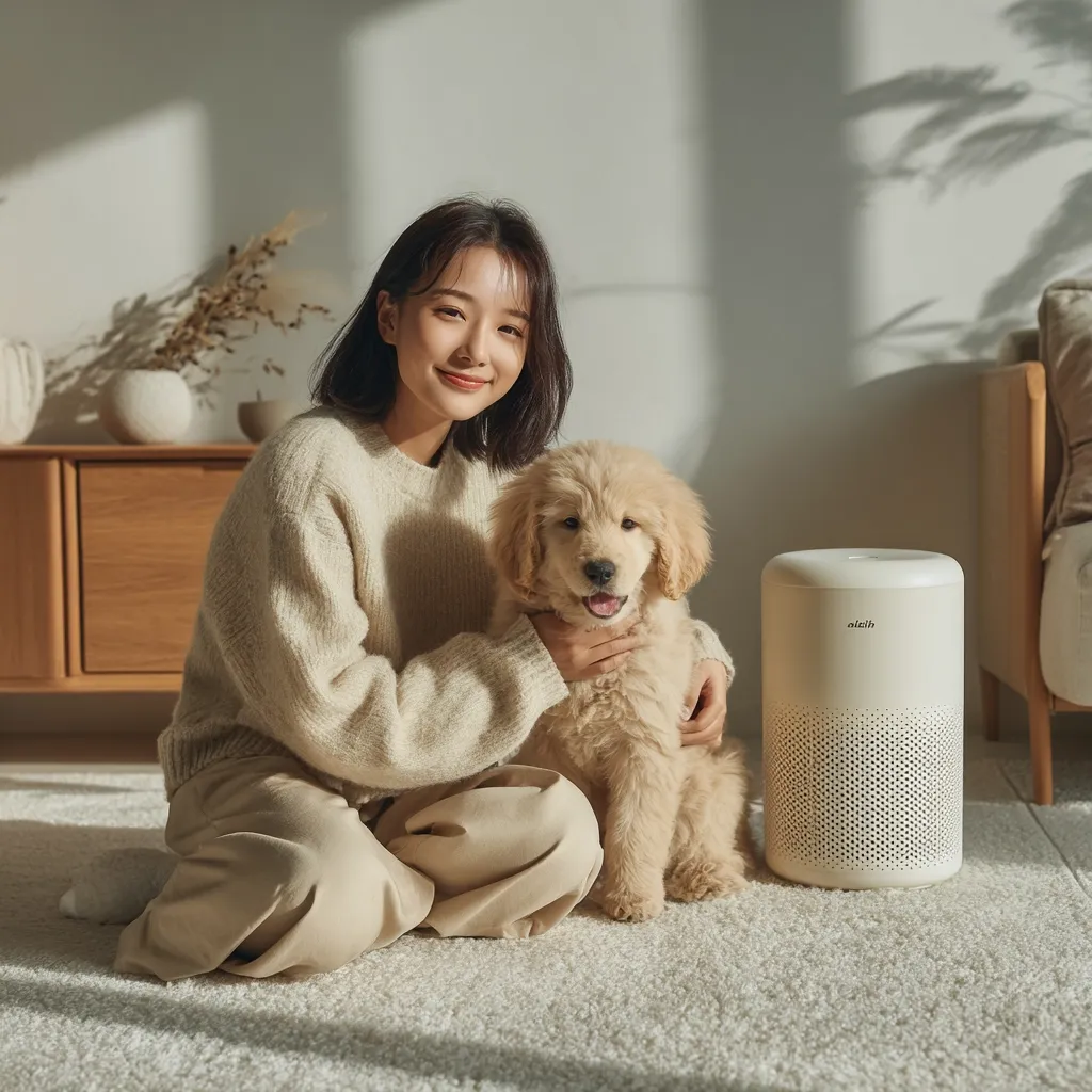 A young woman sits on a fluffy rug, cradling a golden doodle puppy.  She's wearing a cream-colored sweater and pants.  A beige air purifier stands beside them.  Sunlight streams into the room, illuminating the scene. The overall aesthetic is warm, cozy, and minimalist, with a focus on clean lines and neutral tones.
