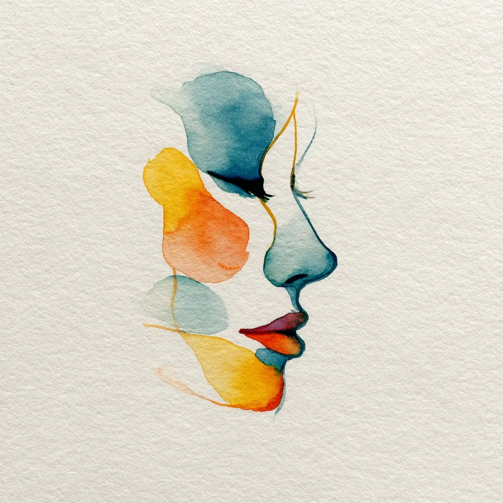 A watercolor painting depicts a woman's face in profile, her eyes closed.  The style is abstract, using washes of teal, orange, and yellow to suggest facial features rather than depicting them realistically.  Subtle gold lines hint at the structure of the face. The overall effect is serene and evocative.