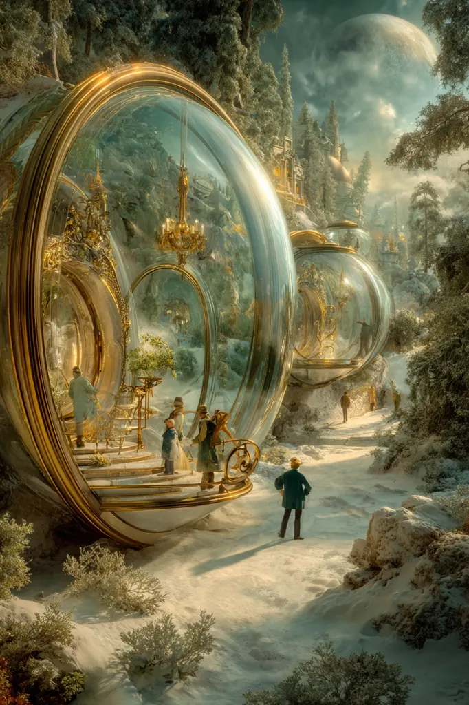 A whimsical winter scene unfolds, showcasing a series of giant, golden-framed glass orbs nestled in a snow-covered landscape.  Inside the orbs, people are gathered, seemingly enjoying a ride through a fantastical, snow-dusted forest leading to a distant, ornate castle. The overall atmosphere is dreamlike and magical, with a celestial body visible in the sky.  The scene evokes a sense of wonder and otherworldly enchantment.