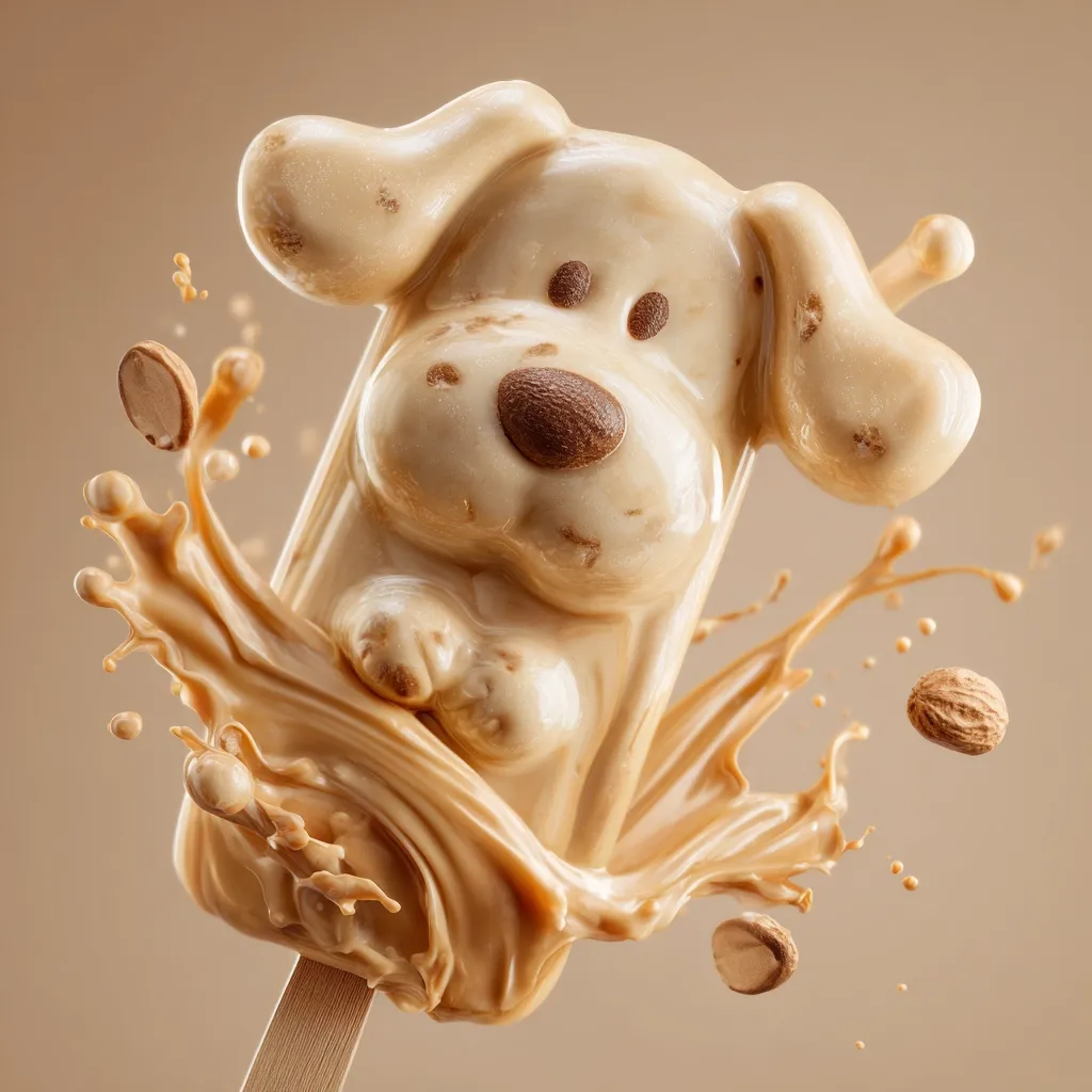 A light brown popsicle shaped like an adorable puppy is shown in a splash of the same creamy liquid.  Small, round, brown pieces are suspended in the air around the treat, suggesting nuts or chocolate chips.  The overall image is stylized and suggestive of a delicious, playful confection.